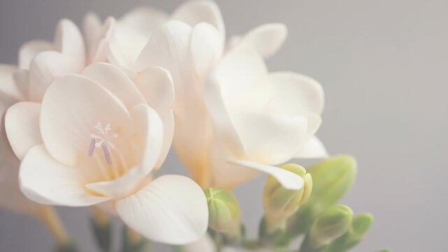 Close up of delicate white freesia flower with green buds. Botanical blossoms for decor and natural beauty concept footage.