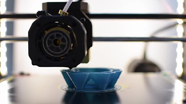 3D printer head creates a small blue bowl, close-up shot on a reflective flat surface