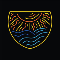 Monoline Emblem Sun and Wave Logo Design Shield Emblem Vector