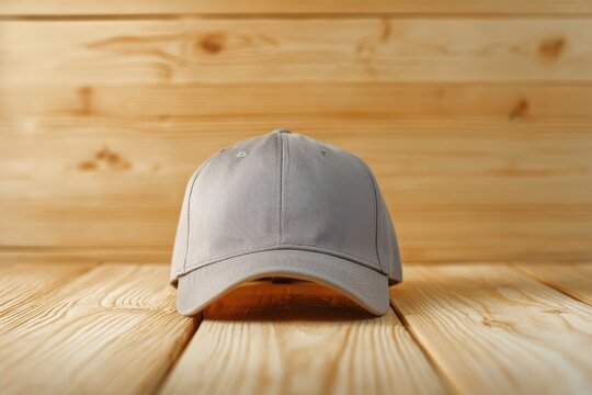 Baseball Cap Mockup: Gray Cap on Rustic Wood - Powered by Adobe