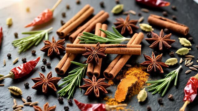 Assorted Spices and Herbs on Black Slate with Warm Light