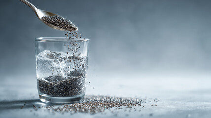 Chia seeds being added to glass of water with ice cubes, creating refreshing drink