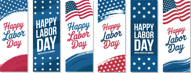 Set of Five Vertical “Happy Labor Day” Banners Featuring American Flag Motifs, Stars, and Bold Typography in Red, White, and Blue for Patriotic Holiday Celebration Visual Design