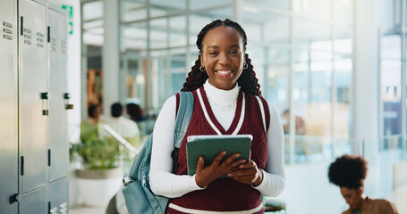 Tablet, black woman and portrait of student at college with confidence for education with research. Happy, digital technology and African person with online information for studying at university.