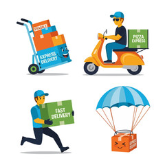 Delivery Vector Illustration Efficient Express Free Shipping for Online Shop & E-commerce with Courier Services Bike, Motorcycle, Truck, Handcart