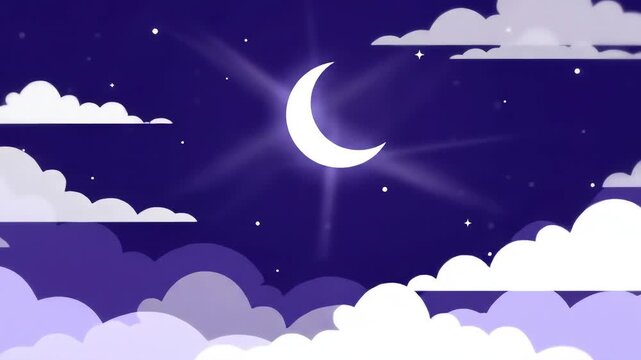 Moonlight night with cloudy sky and stars in deep blue color. Luminous half moon and abstract sky, shiny animation, parallax effect.