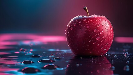 A single red apple glistening with water droplets under dramatic neon lighting
