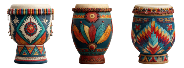 Colorful Handcrafted Drums with Decorative Patterns on Transparent Background