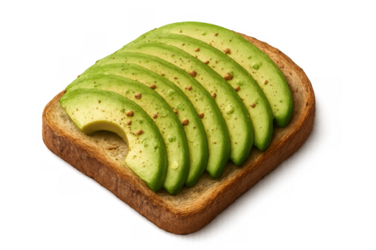 Avocado toast sprinkled with spices, floating against transparent surface, highlighting culinary trend for modern food marketing