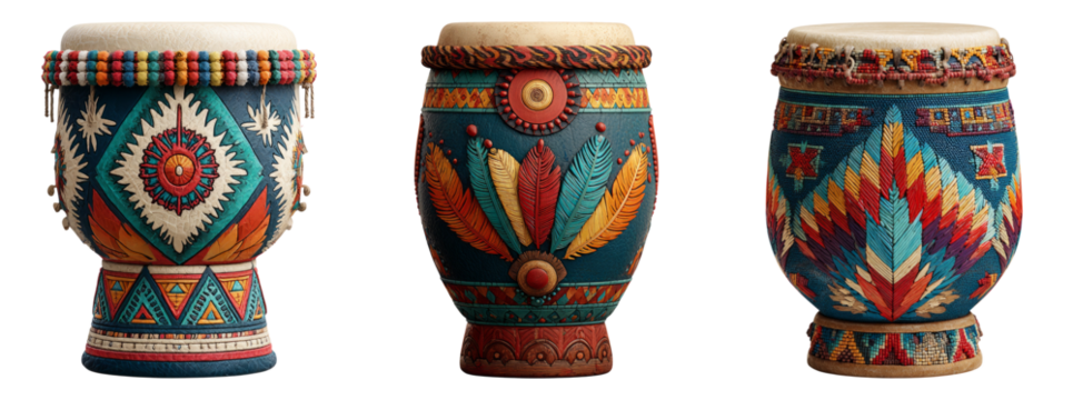 Colorful Handcrafted Drums with Decorative Patterns on Transparent Background