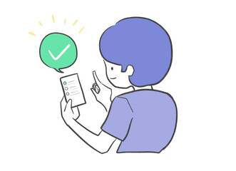 タスク管理アプリでToDoリストをチェックして達成感を感じる男性のイラスト｜男性,チェックマーク,完了,スマホ,ToDoリスト,タスク,達成感,白背景