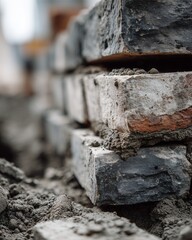 Fototapeta premium Brickwork in Progress: A close-up of a brick wall under construction, with freshly laid bricks and mortar. Emphasizing the textures and the craft of construction.