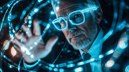 An old man interacts with a neural network display and the glowing connections of AI. The concept of technology, and the fusion of human intellect with advanced machine learning. Generative AI.