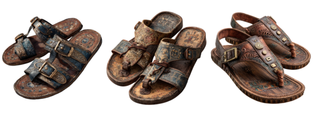 Vintage Leather Sandals with Intricate Designs on Transparent Background