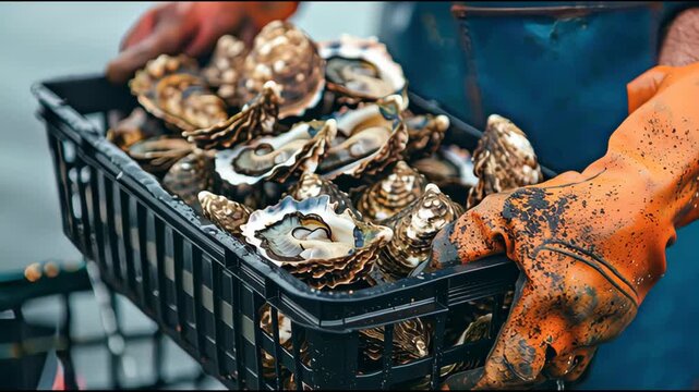 Rugged harvest scene with mud-covered orange gloves clutching oyster-filled crates at a sustainable marine farm