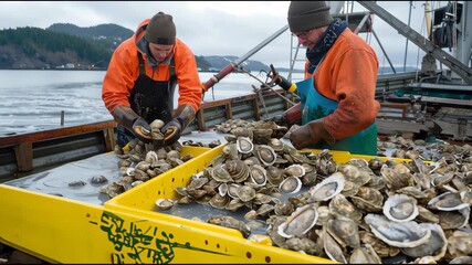 Collaborative oyster sorting aboard a fishing vessel, showcasing teamwork and sustainable aquaculture amidst grey sky backdrop