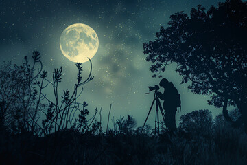 Nighttime wilderness scene with a silhouette of a passionate photographer beside a sturdy tripod, capturing the glowing horizon under a full moon, soft shadows, ambient moonlight, realistic lighting
