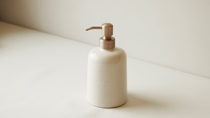 Ceramic soap dispenser with metal pump on beige surface for home bathroom decor
