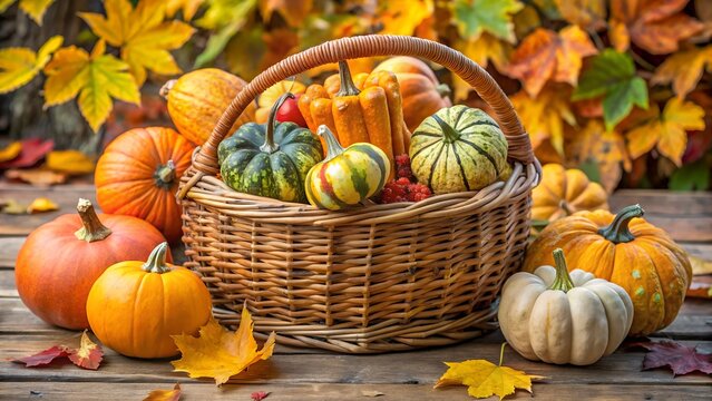Autumn Harvest Pumpkins and Gourds in a Wicker Basket with Colorful Leaves new 2025 trendy