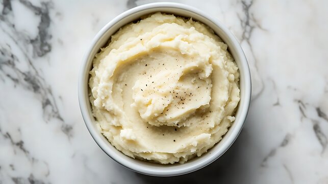 Creamy Mashed Potatoes in a White Bowl on Marble Surface