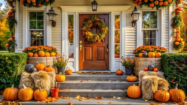 Autumn Front Porch Decor with Pumpkins Mums and a Festive Wreath new 2025 trendy