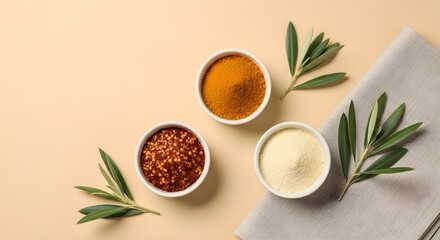 Aromatic Spice Trio: Turmeric, Chili Flakes, and Semolina, Styled Flatlay with Olive Branches