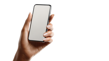 A hand holding a cell phone with a white background