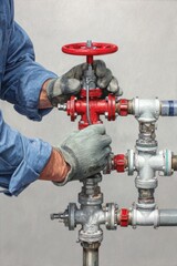 A worker adjusts a complex industrial valve