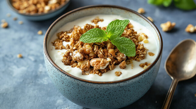 tigela de granola coberta com folhas de hortel&atilde; nozes fundo azul descanso de colher na lateral
