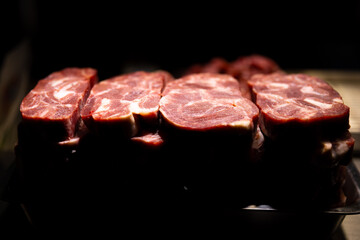 Raw beef on the gridiron at Ningxia night market in Taipei close up