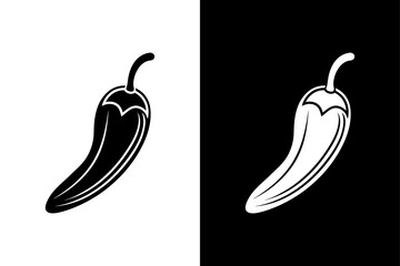 Hot Pepper Vector Icon. Bold Chili Silhouette on White and Black Background