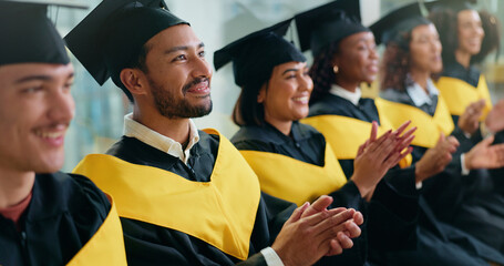 University, applause and students with success, graduation and smile with achievement. Ceremony,...