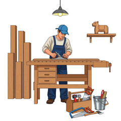 Vector Illustration of a Carpenter Planing Wood, Working in his Workshop with Tools