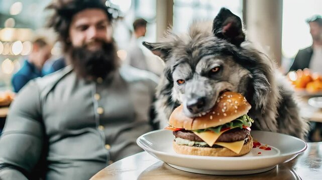 This unusual and captivating video shows a fantastical wolf-like animal indulging in a human meal &ndash; a gourmet burger &ndash; with a man observing from the background. 