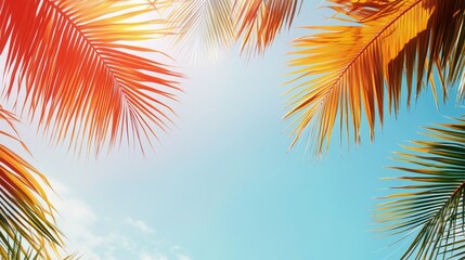 51.A colorful summer-themed banner with bold palm leaf silhouettes arranged across a bright sky-blue background, evoking a lively and tropical vibe.