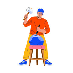 Vector Illustration of a Stone Carver: Man Using a Hammer and Chisel to Create a Sculpture from a Large Blue Rock, Representing Art, Craftsmanship, and Creativity