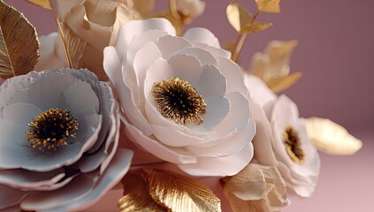 Close-up of delicate, pastel-colored flowers with golden accents.