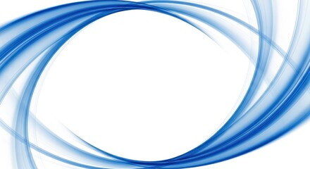 Flowing blue abstract curves create a sense of dynamic motion on a clean white background.