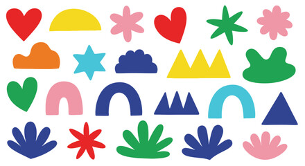 An array of colorful, abstract shapes including hearts, stars, arches, triangles, and organic forms arranged on a white background.