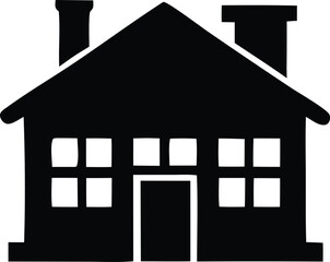 A simple black silhouette of a traditional house with a pitched roof two chimneys and multiple windows representing a dwelling