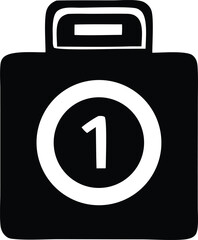 A simple black and white graphic icon representing a briefcase or suitcase with a large white circle containing the number one