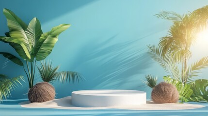 118.A minimal podium display design on a sandy surface, accompanied by a cluster of coconut trees, tropical leaves, and a sunlit beach umbrella, against a tranquil blue background.
