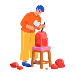 Vector Illustration A Male Sculptor Carving a Stone Block to Create a Sculpture