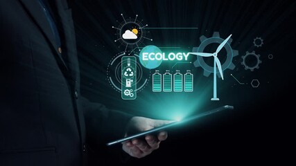 A businessman holds a tablet while displaying a vibrant ecology concept, showcasing renewable energy icons. The background emphasizes technology and sustainability, symbolizing a green future. Qubit - Powered by Adobe