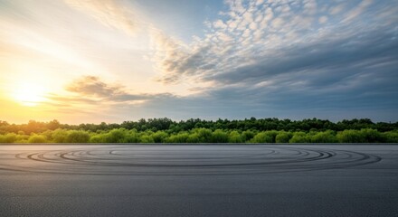 Serene sunrise over a winding asphalt road with distant green trees under a cloudy sky