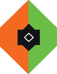 Abstract geometric diamond shape divided by contrasting colors with a central black emblem featuring a white diamond outline