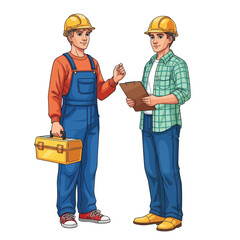 Vector Illustration Two Male Construction Workers Discussing a Project with Tools and Plans