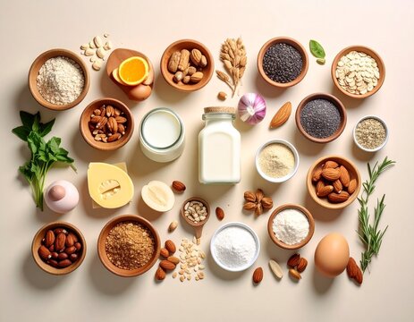 Array of dairyfree glutenfree food ingredients