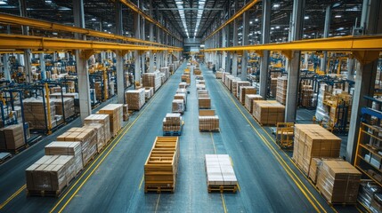 Fototapeta premium a vast industrial warehouse filled with neatly arranged pallets and packages highlighting logistics and supply chain efficiency in global distribution network