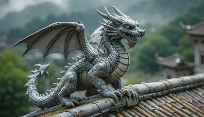 Stone Dragon Statue Gazing from Rooftop Edge
